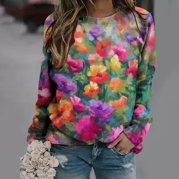 Женская толстовка с цветочным принтом, круглым вырезом и длинными рукавами, женская толстовка с капюшоном, свободная и универсальная модная женская толстовка Y2K S