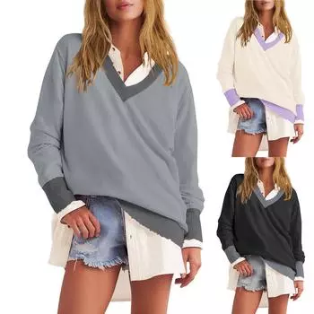 Женская толстовка с длинным рукавом и цветными блоками, свободный крой, топы с V-образным вырезом, повседневный осенний пуловер M бежевый