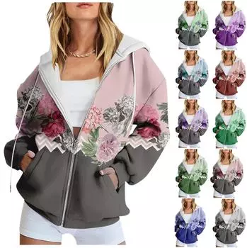 Женская толстовка с длинным рукавом и цветочным принтом, куртка с карманом и длинными рукавами, пальто с капюшоном на молнии L