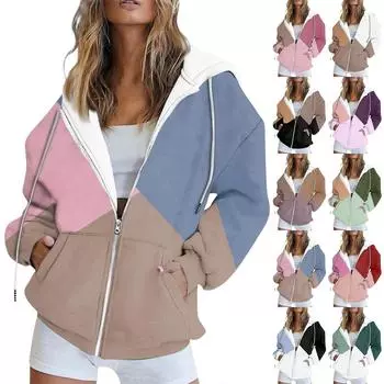 Женская толстовка с длинным рукавом и геометрическим принтом в стиле пэчворк, с карманом на молнии и капюшоном L армия зеленый