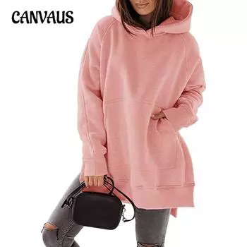 Женская толстовка с длинным рукавом и круглым вырезом, однотонная, с карманом, свободная, с капюшоном, с длинным рукавом S чёрный