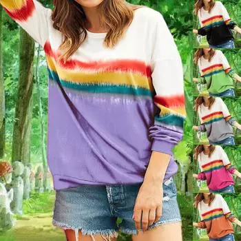Женская толстовка с длинным рукавом и круглым вырезом, цветных блоков, топы, повседневные рубашки свободного покроя в полоску с принтом, блузки, туники, топы XL фиолетовый