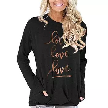 Женская толстовка с длинным рукавом и круглым вырезом с принтом любви, забавная повседневная футболка для девочек, толстовка с принтом любви и подарками S чёрный