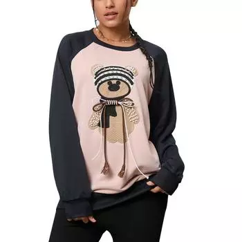 Женская толстовка с длинным рукавом и круглым вырезом с вышитым медведем и стразами, пуловер, толстовка розового цвета L L розовый