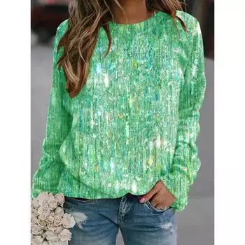 Женская толстовка с длинным рукавом и пайетками, повседневная, с круглым вырезом, блестящий топ, праздничный свитер, повседневная женская футболка с длинным рукавом S