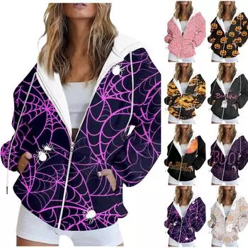 Женская толстовка с длинным рукавом и принтом на Хэллоуин, куртка с длинными рукавами и карманами, на молнии, пальто с капюшоном S розовый
