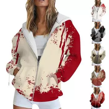 Женская толстовка с длинным рукавом и принтом, куртка с длинными рукавами и карманами, на молнии, пальто с капюшоном L киноварь