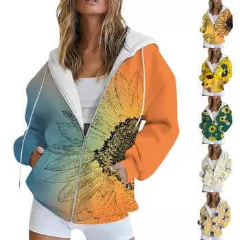 Женская толстовка с длинным рукавом и принтом, куртка с длинными рукавами и карманами, на молнии, пальто с капюшоном L темно-зеленого