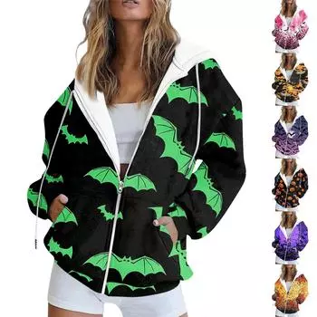 Женская толстовка с длинным рукавом и принтом на Хэллоуин, куртка с капюшоном и карманом на молнии L чёрный