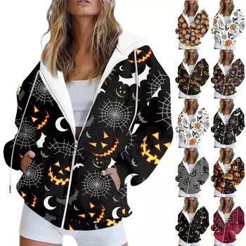 Женская толстовка с длинным рукавом и принтом на Хэллоуин, куртка с капюшоном и карманом на молнии L чёрный