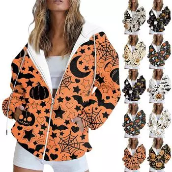 Женская толстовка с длинным рукавом и принтом на Хэллоуин, куртка с капюшоном и карманом на молнии XL белый