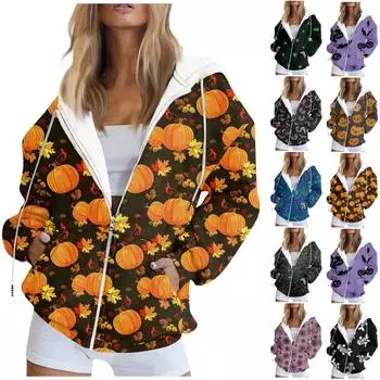 Женская толстовка с длинным рукавом и принтом на Хэллоуин, куртка с длинными рукавами и карманами, на молнии, пальто с капюшоном L