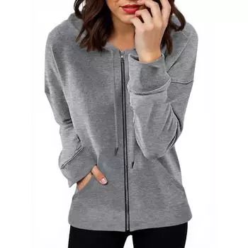 Женская толстовка с длинным рукавом на молнии, повседневная однотонная толстовка с капюшоном и карманами L