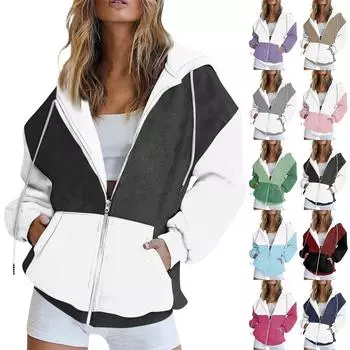 Женская толстовка с длинным рукавом, однотонная, с принтом в стиле пэчворк, с карманом, на молнии, с капюшоном L