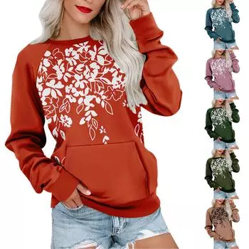Женская толстовка с длинным рукавом, повседневная, с круглым вырезом, симпатичная, с принтом, легкая толстовка с карманом