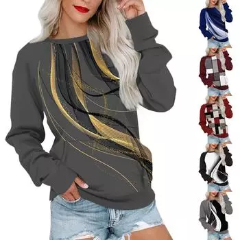 Женская толстовка с длинным рукавом, повседневная, с круглым вырезом, симпатичная, с принтом, легкая толстовка с карманом