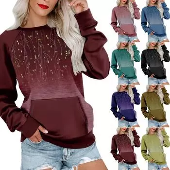 Женская толстовка с длинным рукавом, повседневная, с круглым вырезом, симпатичная, с принтом, легкая толстовка с карманом