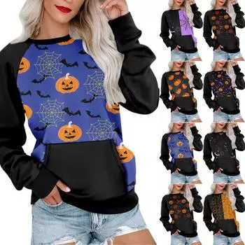 Женская толстовка с длинным рукавом, повседневная, с круглым вырезом, симпатичная, с принтом на Хэллоуин, легкая толстовка с карманом L