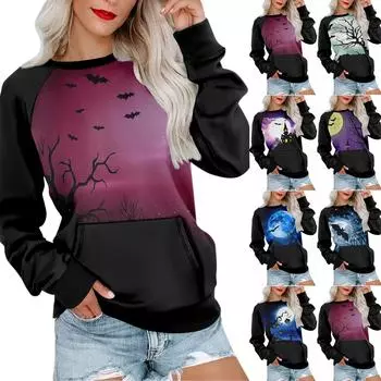 Женская толстовка с длинным рукавом, повседневная, с круглым вырезом, симпатичная, с принтом на Хэллоуин, легкая толстовка с карманом S синий