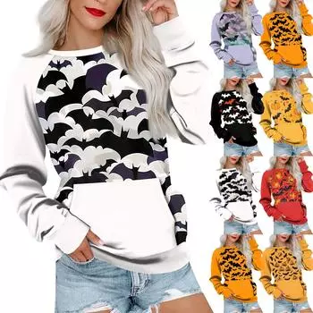 Женская толстовка с длинным рукавом, повседневная, с круглым вырезом, симпатичная, с принтом на Хэллоуин, легкая толстовка с карманом L оранжевый