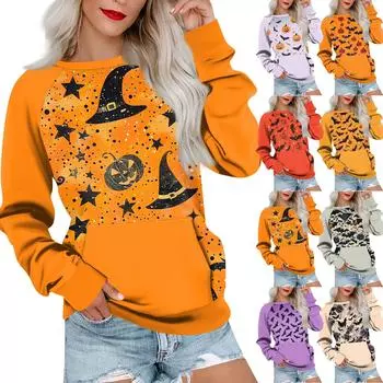 Женская толстовка с длинным рукавом, повседневная, с круглым вырезом, симпатичная, с принтом на Хэллоуин, легкая толстовка с карманом XXL