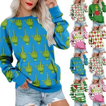 Женская толстовка с длинным рукавом, повседневная, с круглым вырезом, симпатичная, с принтом, легкая толстовка с карманом XXL
