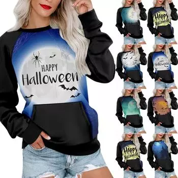 Женская толстовка с длинным рукавом, повседневная, с круглым вырезом, симпатичная, с принтом на Хэллоуин, легкая толстовка с карманом XL синий