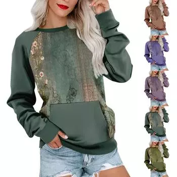 Женская толстовка с длинным рукавом, повседневная, с круглым вырезом, симпатичная, с принтом, легкая толстовка с карманом L зелёный