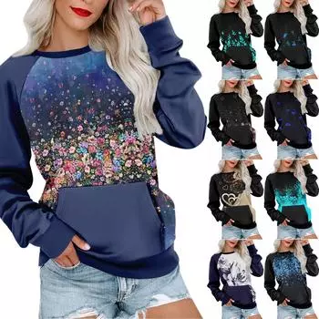 Женская толстовка с длинным рукавом, повседневная, с круглым вырезом, симпатичная, с принтом, легкая толстовка с карманом L чёрный