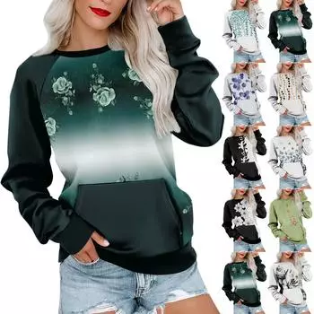 Женская толстовка с длинным рукавом, повседневная, с круглым вырезом, симпатичная, с принтом, легкая толстовка с карманом L чёрный