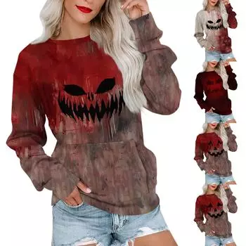 Женская толстовка с длинным рукавом, повседневная, с круглым вырезом, симпатичная, с принтом на Хэллоуин, легкая толстовка с карманом XL хаки
