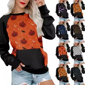 Женская толстовка с длинным рукавом, повседневная, с круглым вырезом, симпатичная, с принтом на Хэллоуин, легкая толстовка с карманом M белый