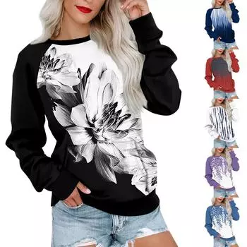 Женская толстовка с длинным рукавом, повседневная, с круглым вырезом, симпатичная, с принтом, легкая толстовка с карманом M