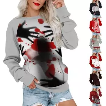 Женская толстовка с длинным рукавом, повседневная, с круглым вырезом, симпатичная, с принтом на Хэллоуин, легкая толстовка с карманом XXL