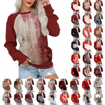 Женская толстовка с длинным рукавом, повседневная, с круглым вырезом, симпатичная, с принтом на Хэллоуин, легкая толстовка с карманом XL