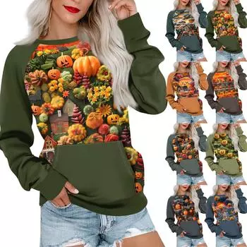 Женская толстовка с длинным рукавом, повседневная, с круглым вырезом, симпатичная, с принтом на Хэллоуин, легкая толстовка с карманом XXL