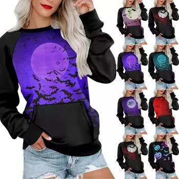 Женская толстовка с длинным рукавом, повседневная, с круглым вырезом, симпатичная, с принтом на Хэллоуин, легкая толстовка с карманом XXL красный