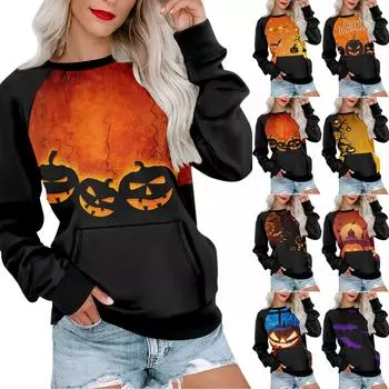 Женская толстовка с длинным рукавом, повседневная, с круглым вырезом, симпатичная, с принтом на Хэллоуин, легкая толстовка с карманом S жёлтый