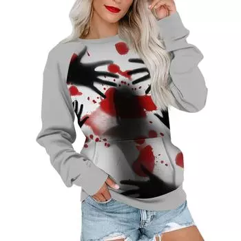 Женская толстовка с длинным рукавом, повседневная, с круглым вырезом, симпатичная, с принтом на Хэллоуин, легкая толстовка с карманом S