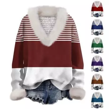 Женская толстовка с длинным рукавом, принтом, плюшевым воротником, V-образным вырезом, пуловер XL