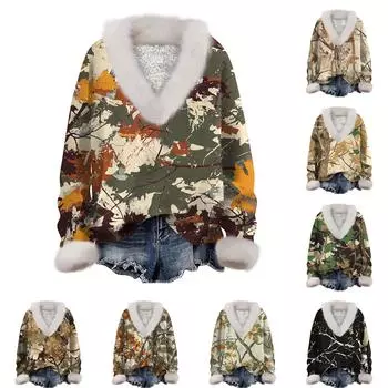 Женская толстовка с длинным рукавом, принтом, плюшевым воротником, V-образным вырезом, пуловер L армия зеленый