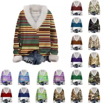 Женская толстовка с длинным рукавом, принтом, плюшевым воротником, V-образным вырезом, пуловер L циан