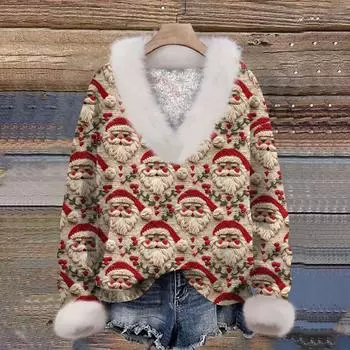 Женская толстовка с длинным рукавом, рождественским принтом, плюшевым воротником, V-образным вырезом, пуловер L бежевый