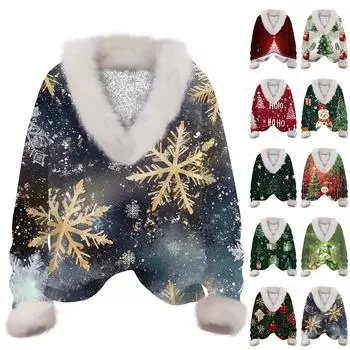 Женская толстовка с длинным рукавом, рождественским принтом, плюшевым воротником, V-образным вырезом, пуловер L армия зеленый