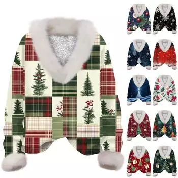 Женская толстовка с длинным рукавом, рождественским принтом, плюшевым воротником, V-образным вырезом, пуловер L чёрный