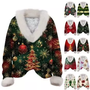 Женская толстовка с длинным рукавом, рождественским принтом, плюшевым воротником, V-образным вырезом, пуловер XXL