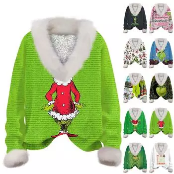 Женская толстовка с длинным рукавом, рождественским принтом, плюшевым воротником, V-образным вырезом, пуловер L армия зеленый