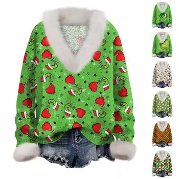Женская толстовка с длинным рукавом, рождественским принтом, плюшевым воротником, V-образным вырезом, пуловер XXL
