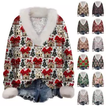 Женская толстовка с длинным рукавом, рождественским принтом, плюшевым воротником, V-образным вырезом, пуловер XXXL бежевый