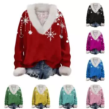Женская толстовка с длинным рукавом, рождественским принтом, плюшевым воротником, V-образным вырезом, пуловер L армия зеленый